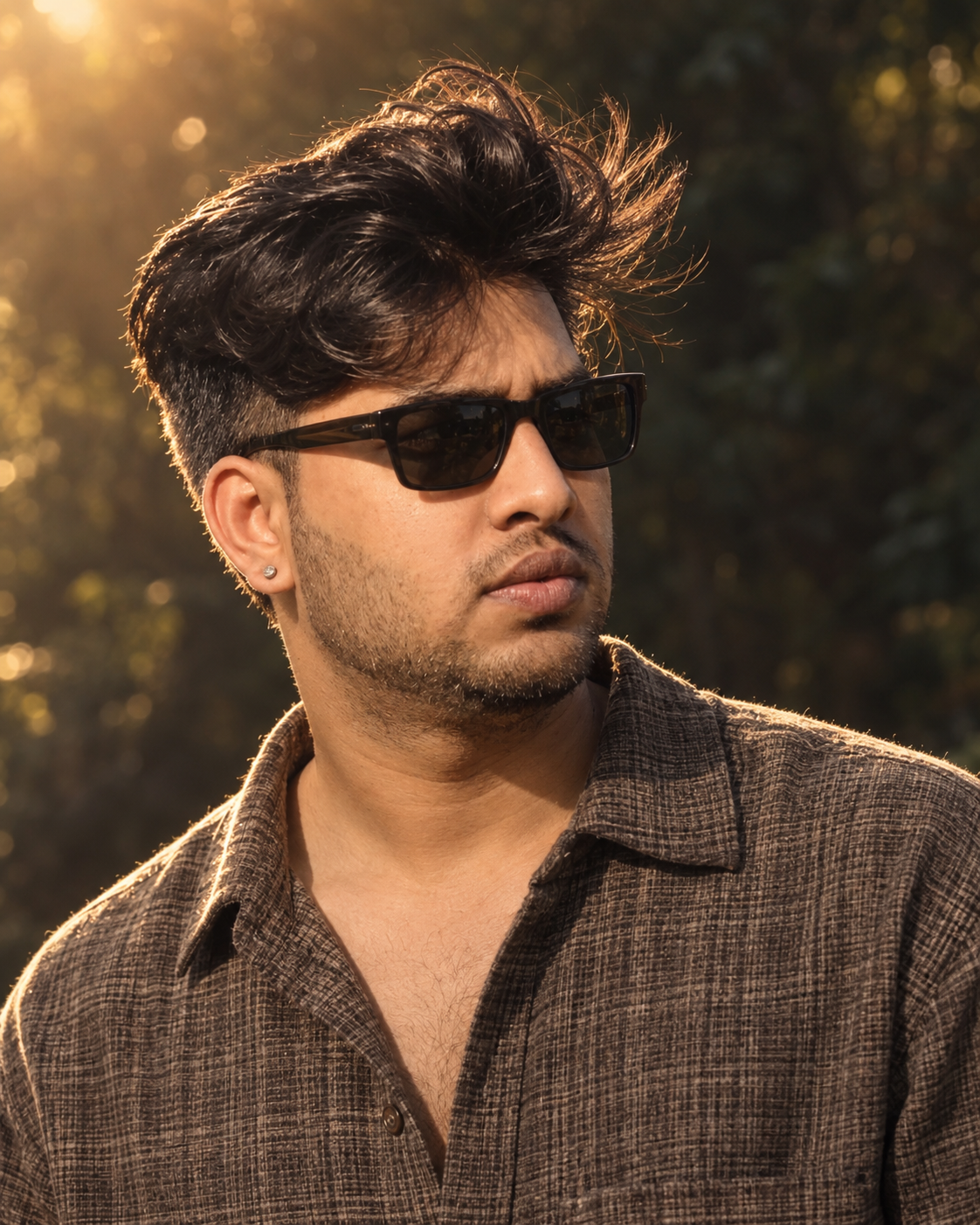 Create an ultra-photorealistic cinematic men's fashion portrait based closely on the visual characteristics of the reference image.