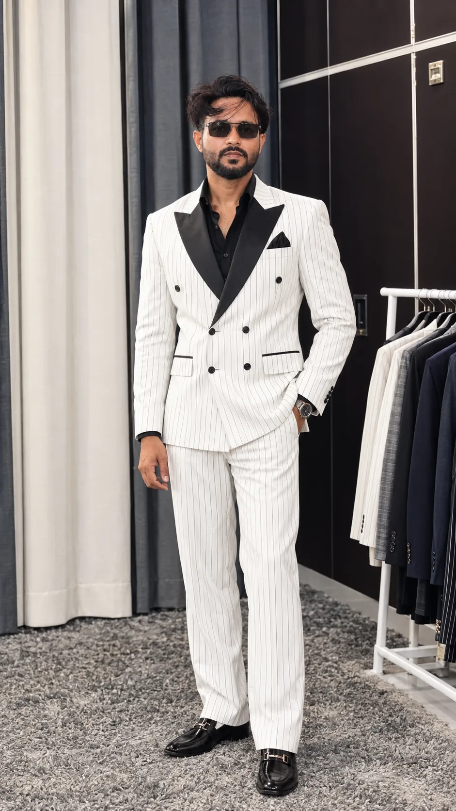 AI Photo Prompt Create an ultra-realistic, high-quality 4K UHD full-body luxury fashion photograph of a stylish young Indian man standing