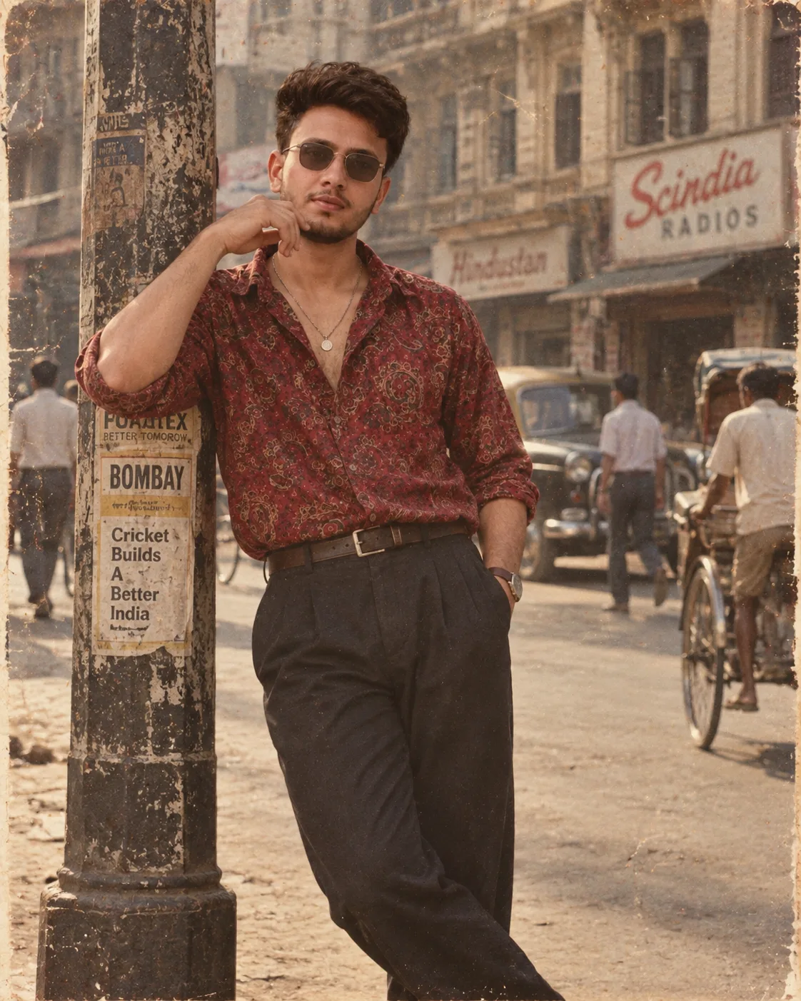 Create a highly realistic vertical 4:5 cinematic vintage 1980s Indian street photograph using TWO image references.