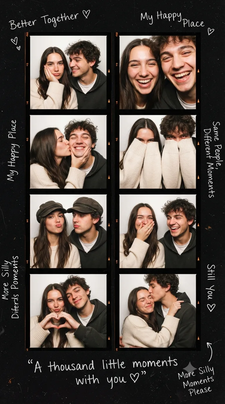 Create an ultra-realistic vertical 2×4 photobooth contact-sheet collage of the same adorable young couple across all 8 frames.