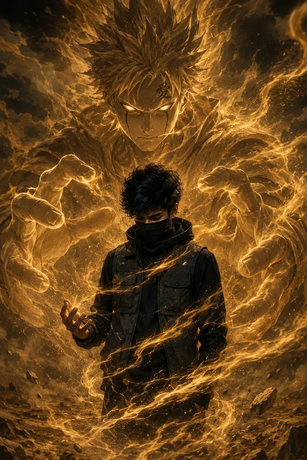 Add a giant golden-brown sand anime spirit behind the person, similar to a sand guardian avatar.