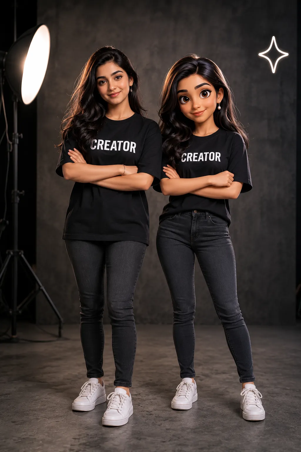 @Create image A high-end studio scene featuring two figures standing side-by-side: a real young woman and a highly detailed 3D Pixar-style