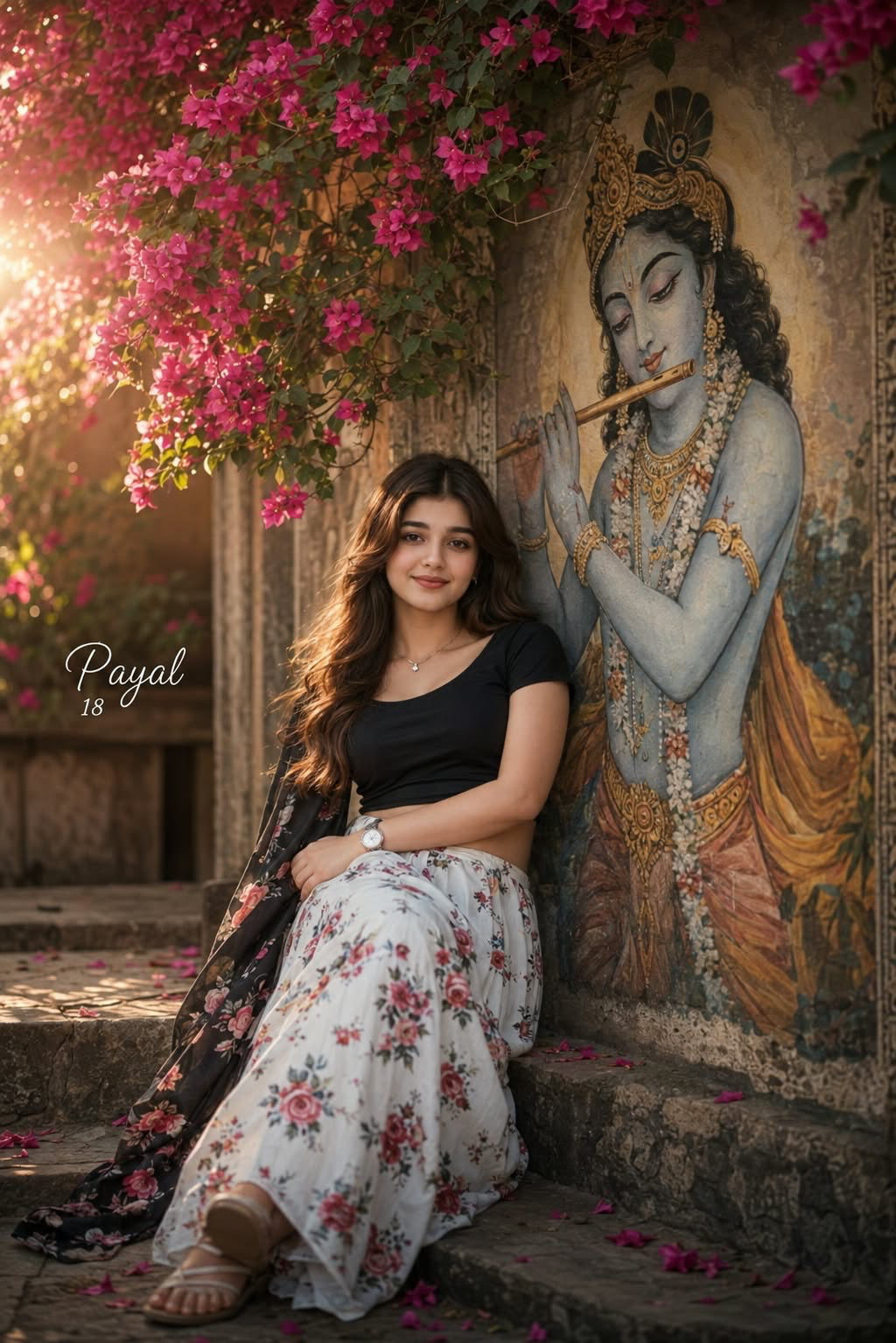 A cinematic portrait of a beautiful 18-year-old girl, sitting gracefully on stone steps next to a detailed wall painting of Lord Krishna