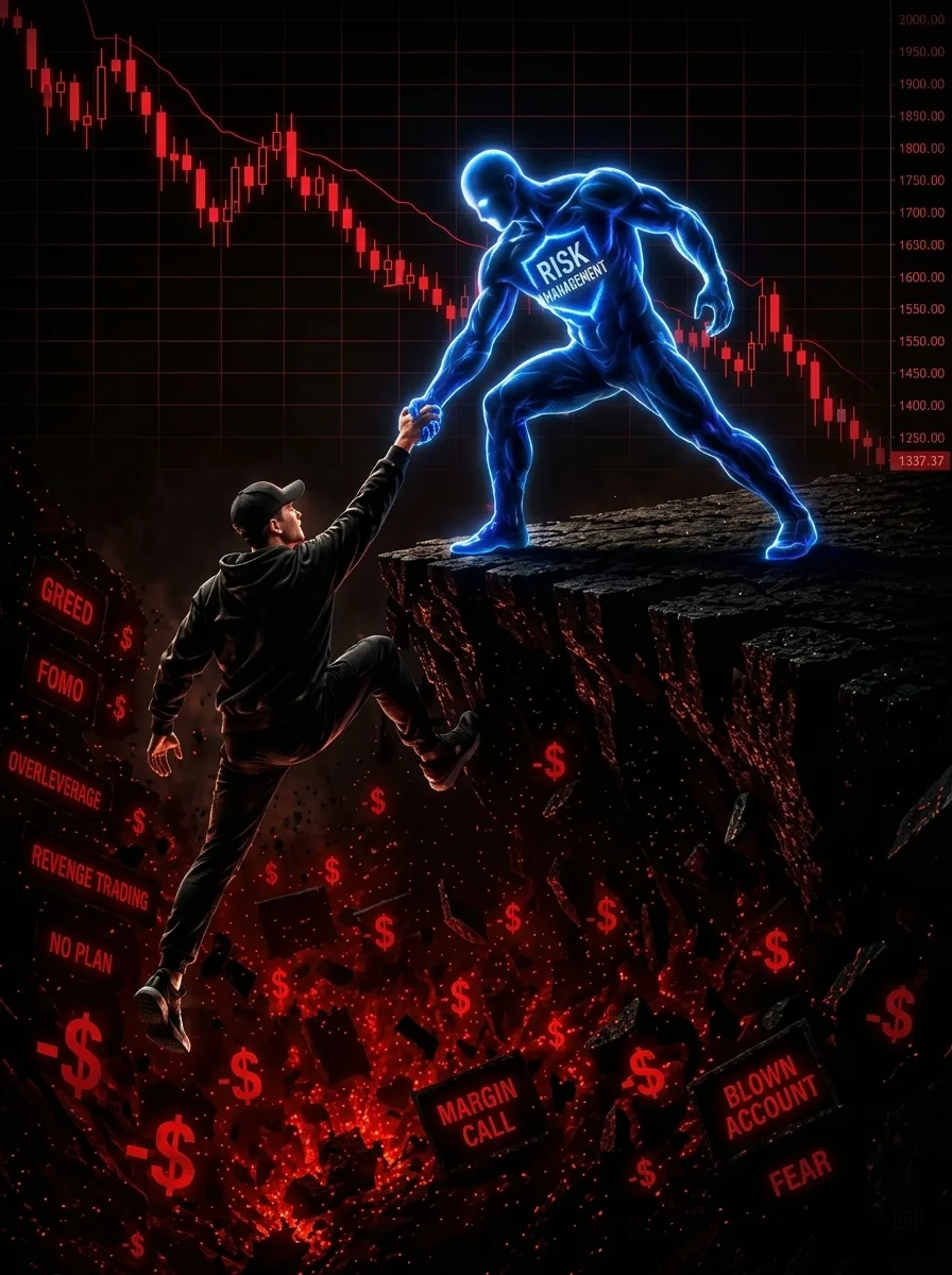 A young male trader wearing a black hoodie and baseball cap, slipping down a dark, steep cliff, desperately reaching up to hold the hand of