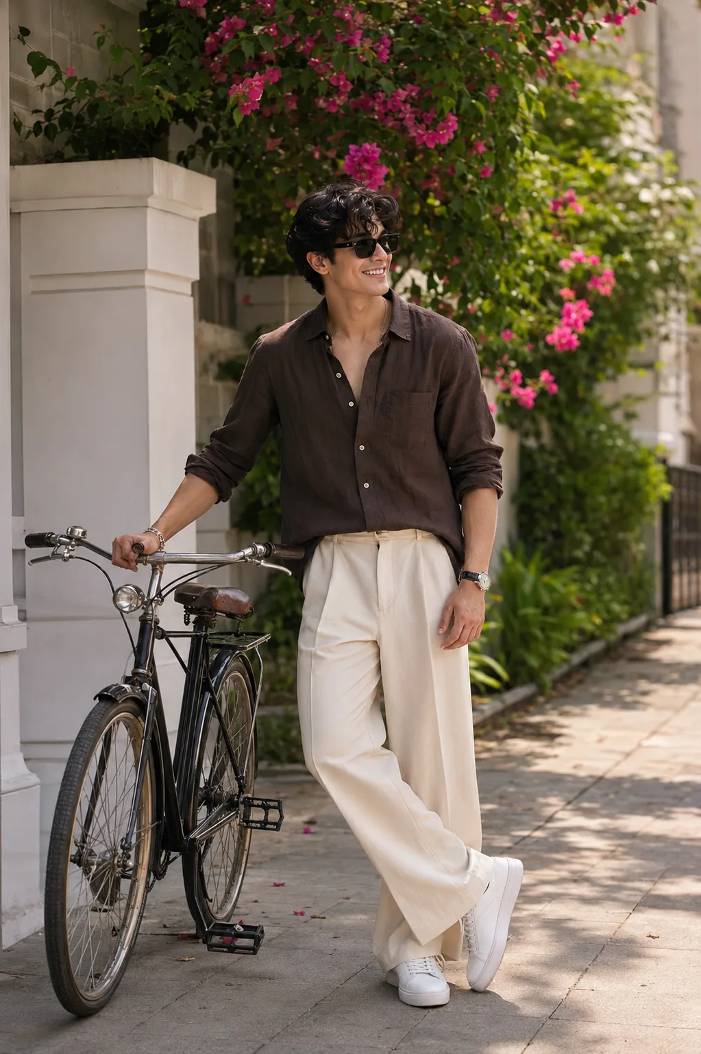 A highly attractive young male fashion model standing confidently on a sophisticated urban sidewalk beside a vintage black bicycle,