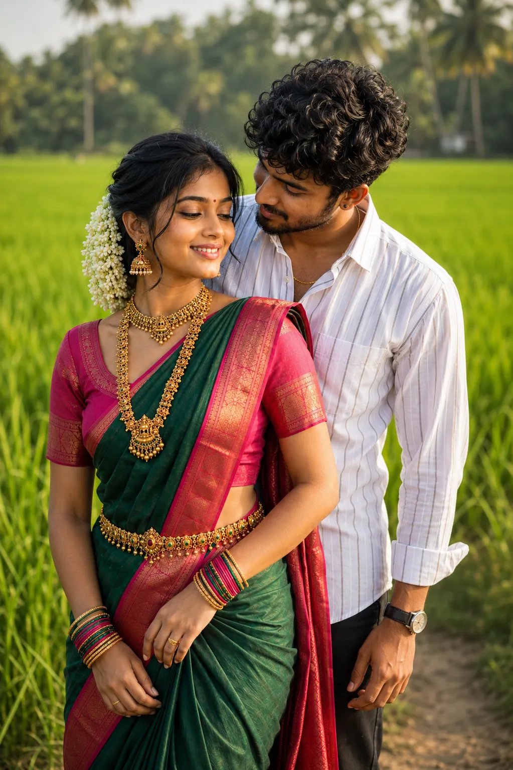 Couple pose paddy field