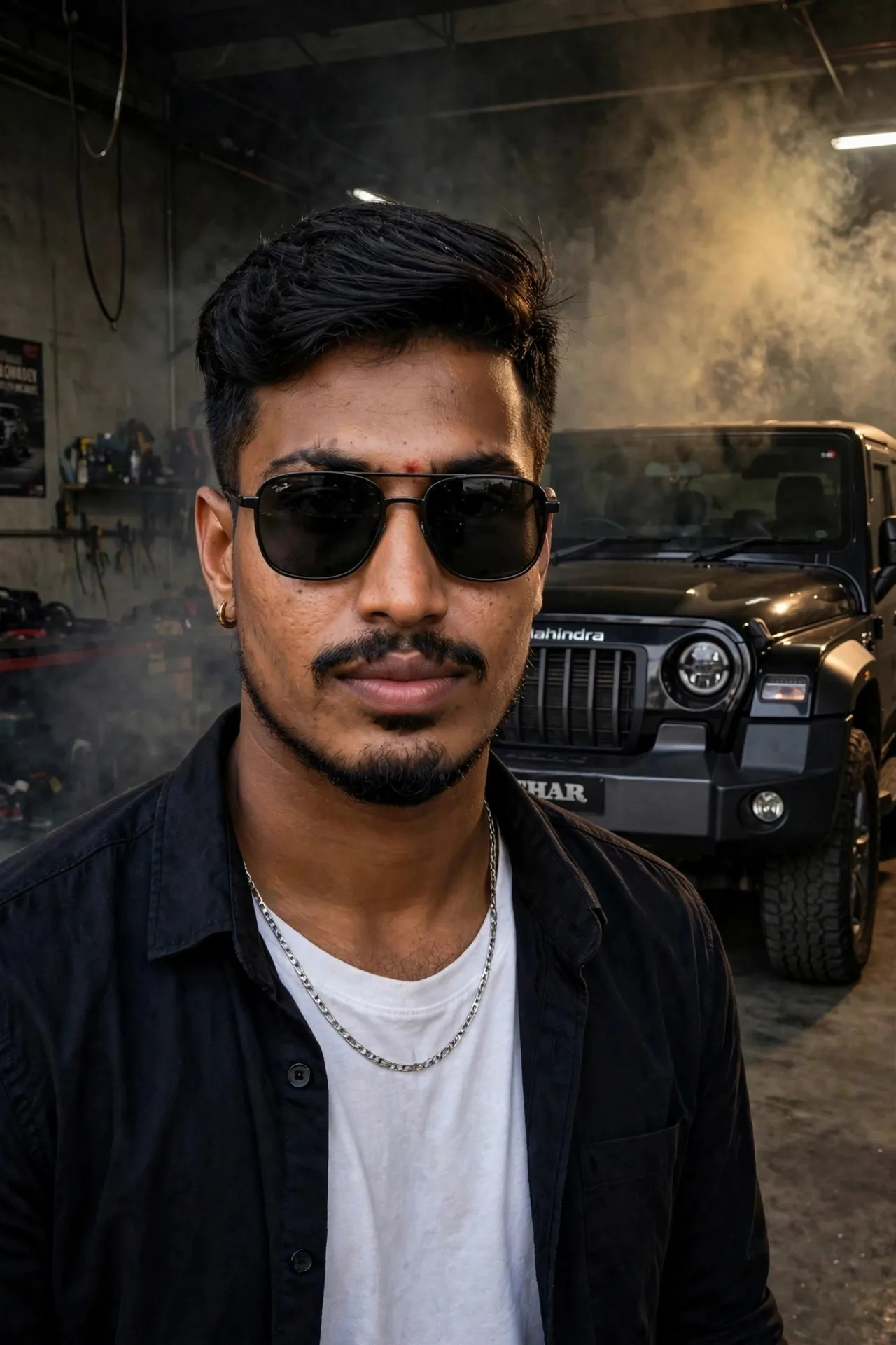 A stylish South Indian boy with this exact face, wearing a black shirt, sunglasses, standing in front of a black Thar in a smoky garage,