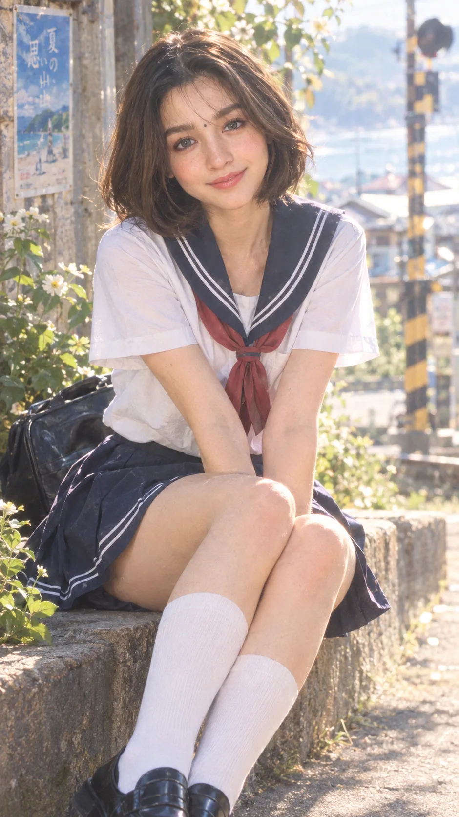 Japanese summer film photography aesthetic with gentle highlight bloom on the face, a Taiwanese girl with short hair and light freckles,