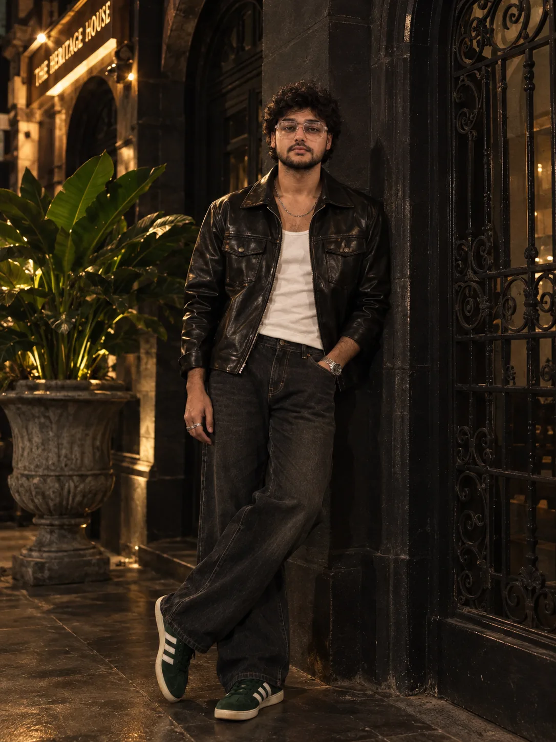 "A moody, cinematic night street-style portrait of a young man with short, thick black hair styled in a tousled, swept-up quiff, a neatly