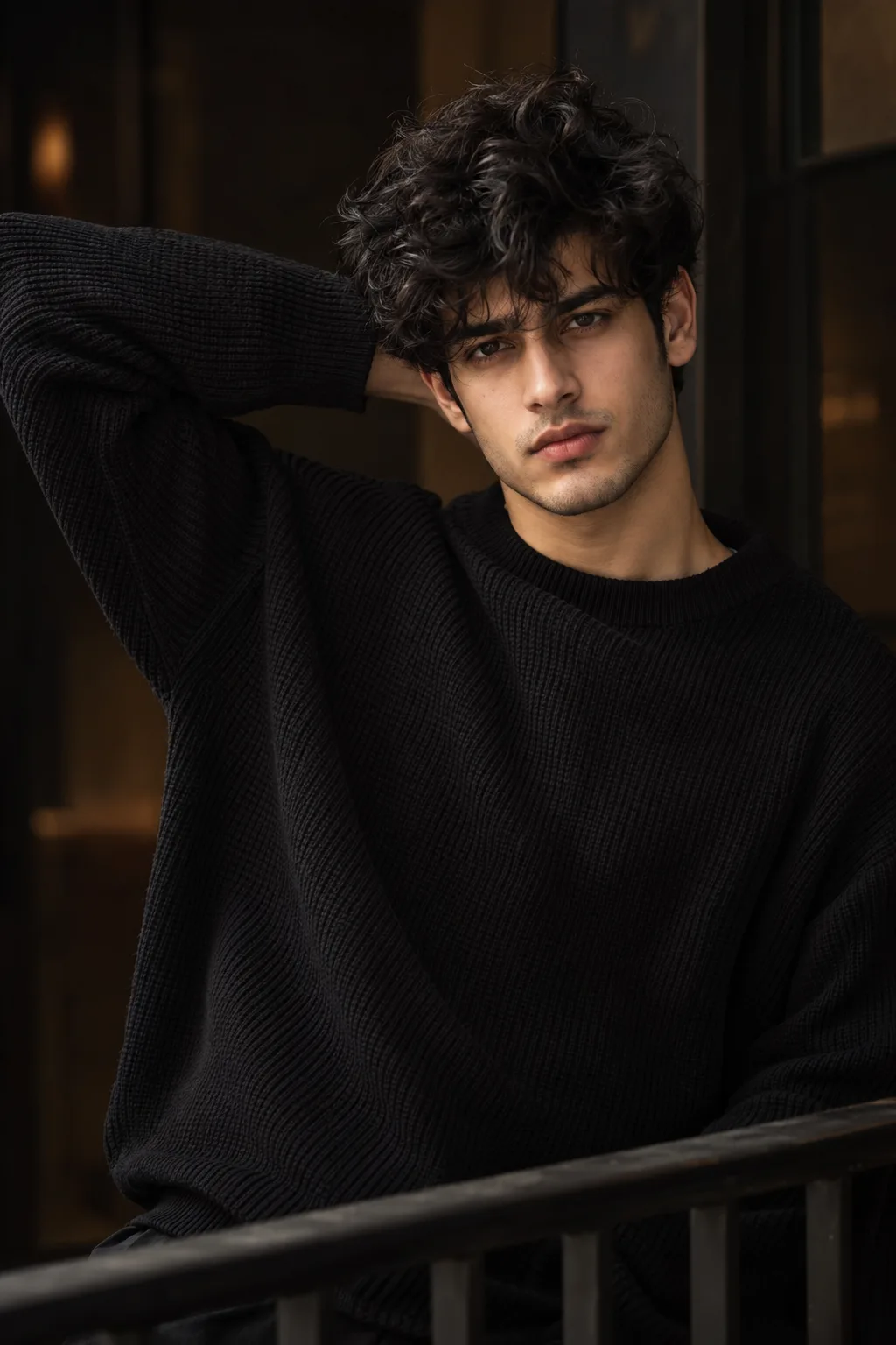 Ultra-realistic cinematic close-up fashion portrait of a young South Asian man posing indoors against a dark moody background with soft