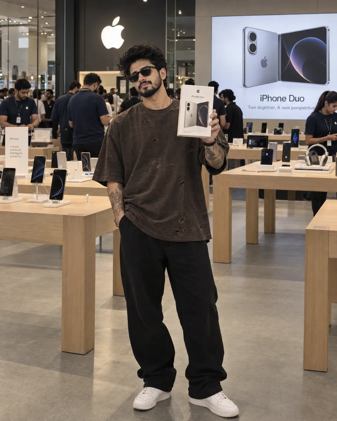 Create an ultra-realistic, high-quality photograph of a stylish young South Asian man standing inside a modern Apple Store, looking