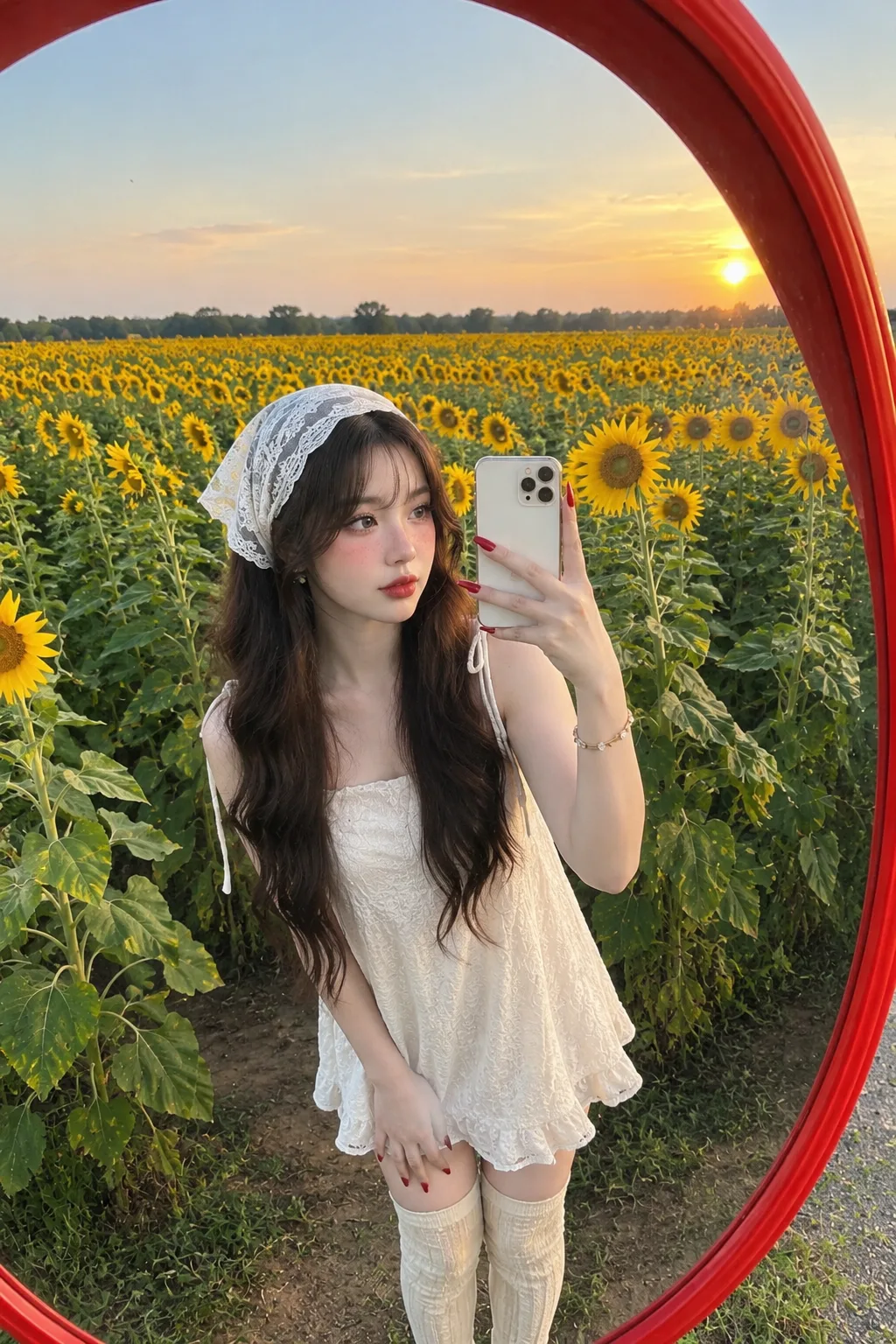 Create an ultra-realistic high-resolution full-body mirror selfie of a young woman standing in a vast sunflower field during golden hour.
