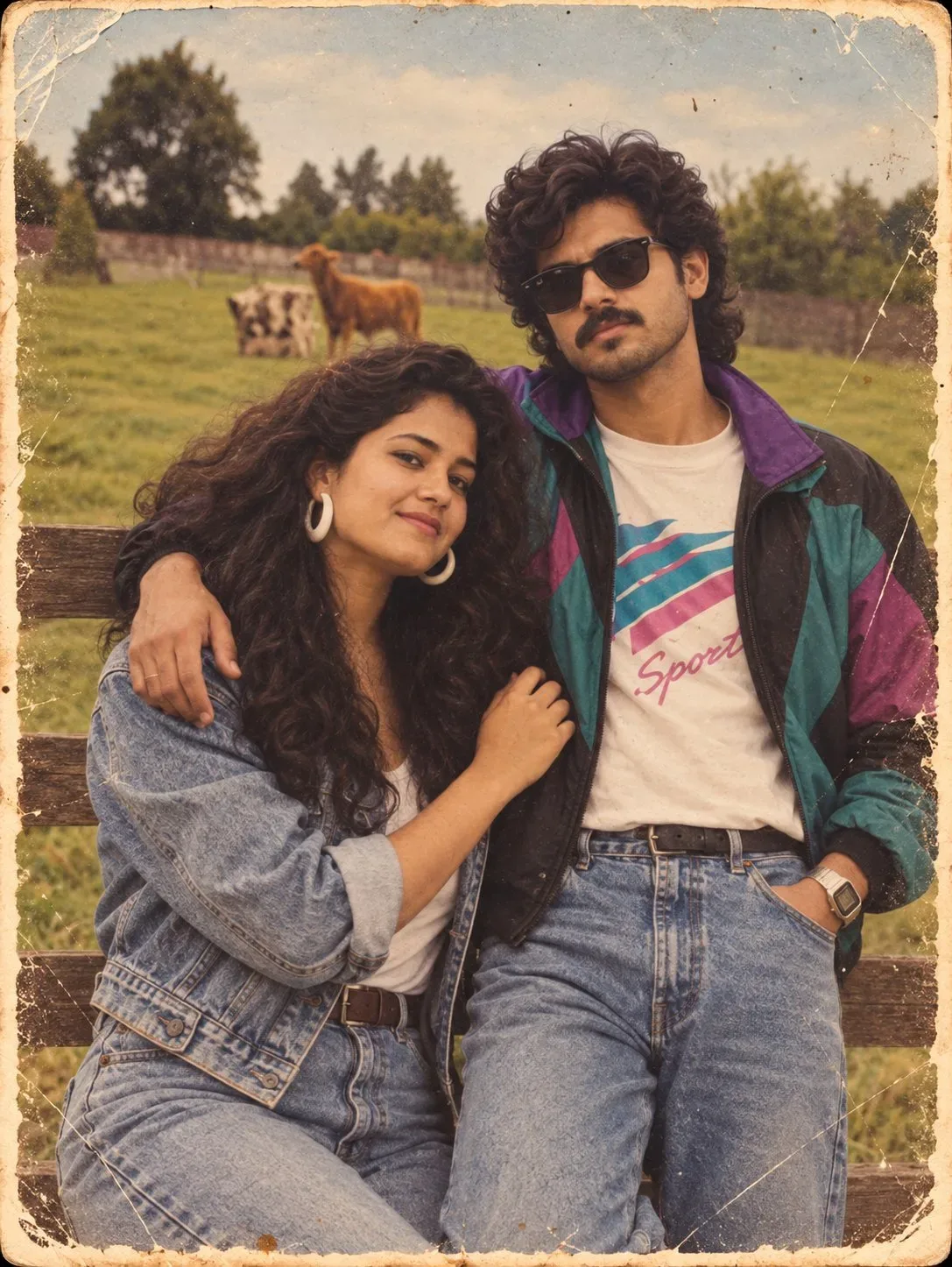 Create an ultra-realistic vintage 1980s Indian couple portrait that looks like a genuine old photograph captured on 35mm colour-negative