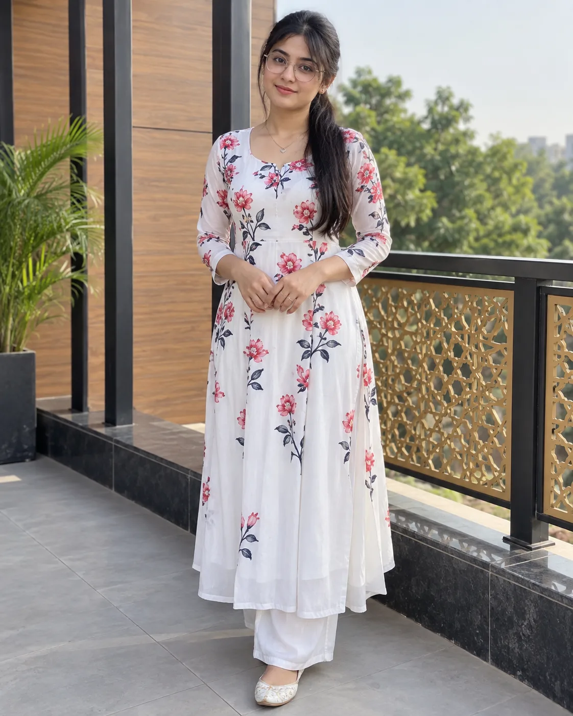 > Create an ultra-realistic full-body outdoor portrait of a young adult South Asian woman, closely inspired by the uploaded reference image