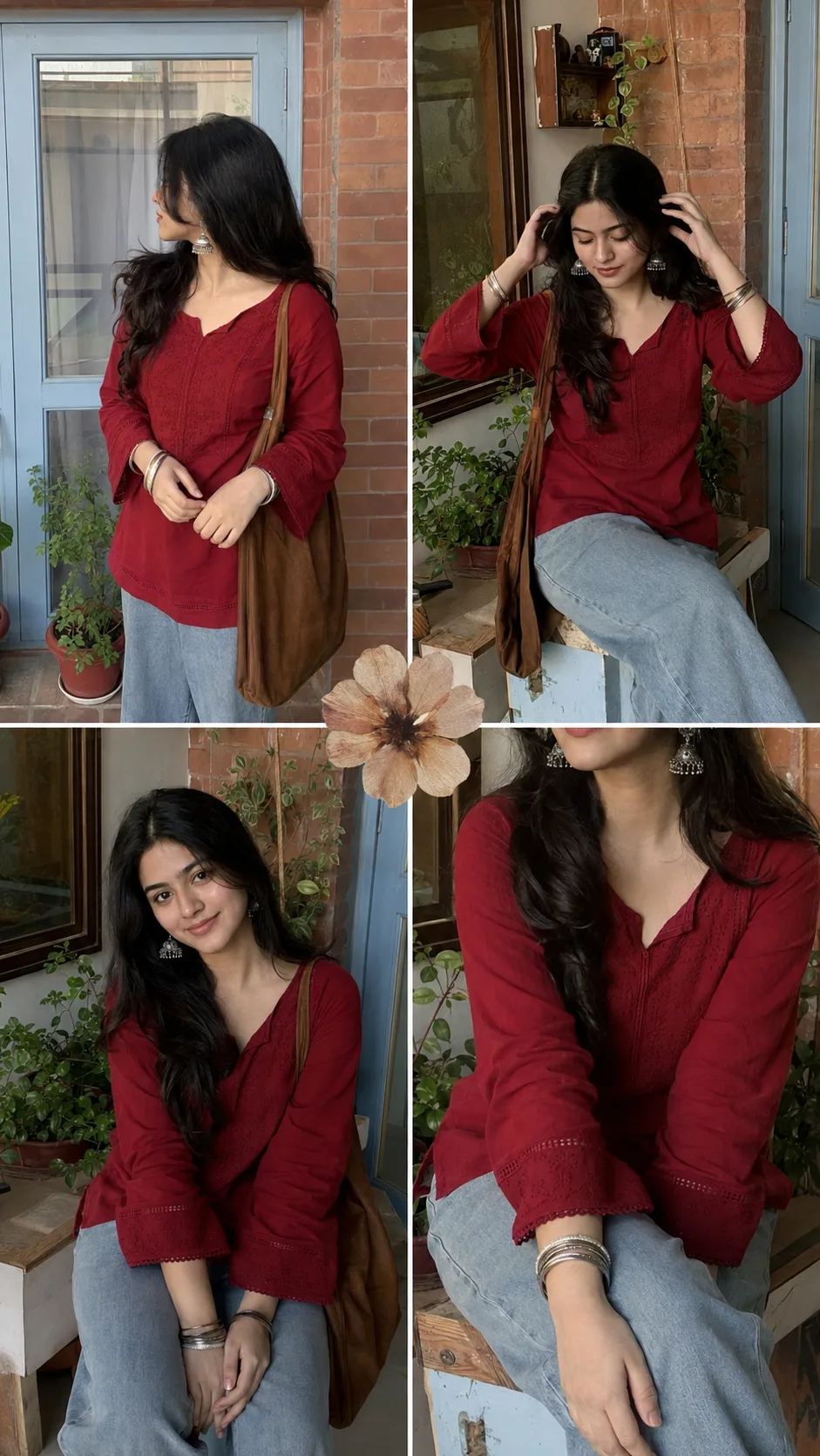 Ultra-realistic 4-panel collage portrait of the same young woman in a cozy home setting, wearing a short aesthetic deep red kurti exactly