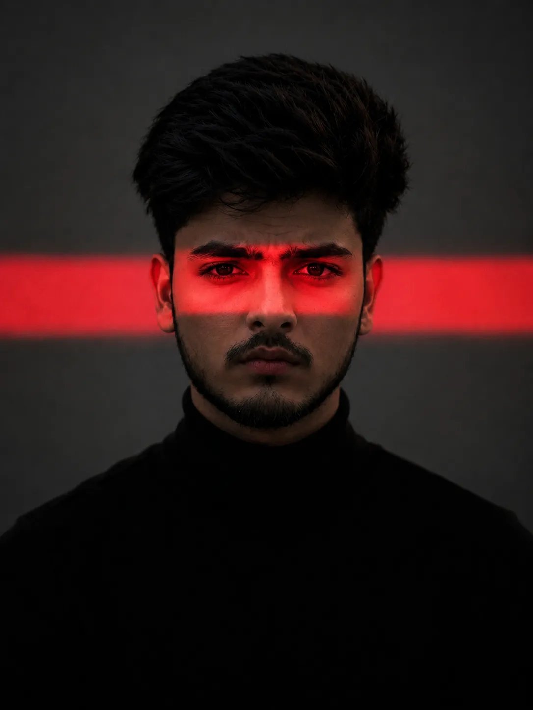 Ultra-realistic cinematic portrait of a young man standing against a minimal dark gray wall, facing directly toward the camera.