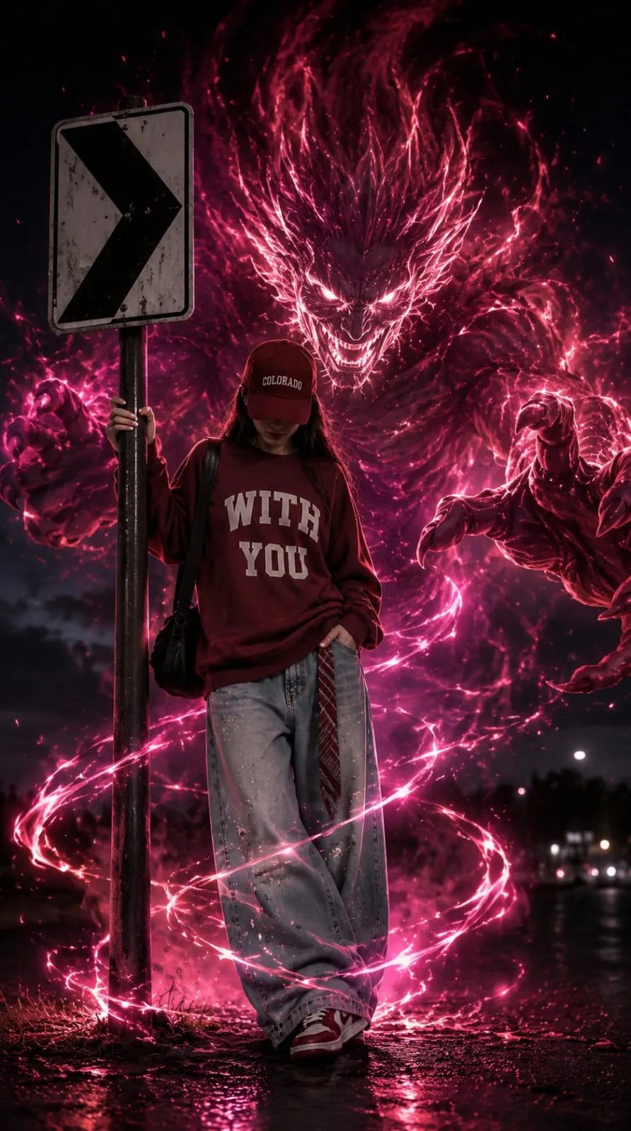 Ultra realistic cinematic fantasy portrait of a teenage girl standing beside a black and white roadside traffic sign at dusk, wearing the