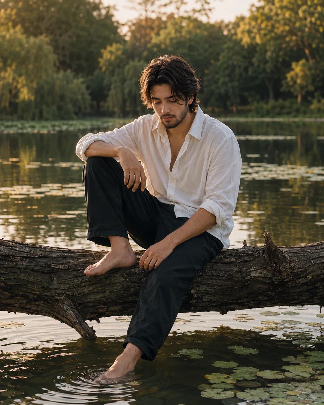 **A highly realistic cinematic outdoor portrait photograph of a handsome young adult man sitting barefoot on a large fallen tree trunk