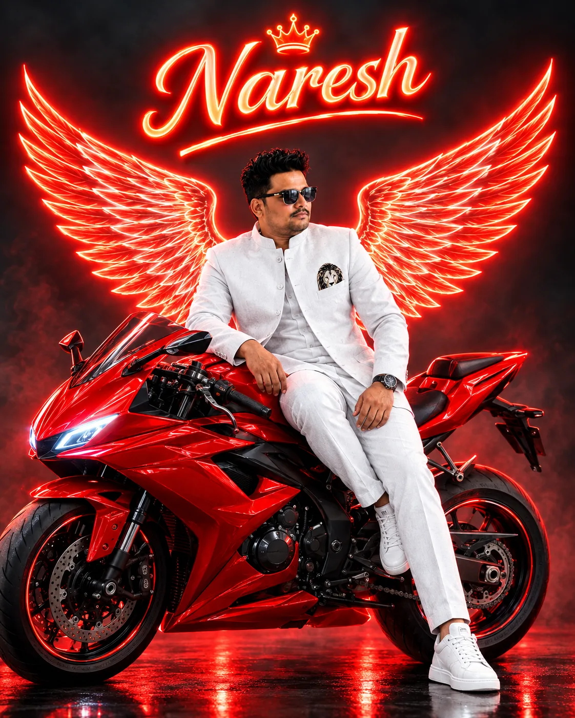 Create a 4K Ultra HD, cinematic, photorealistic luxury poster featuring a confident stylish South Asian man sitting proudly on a glossy