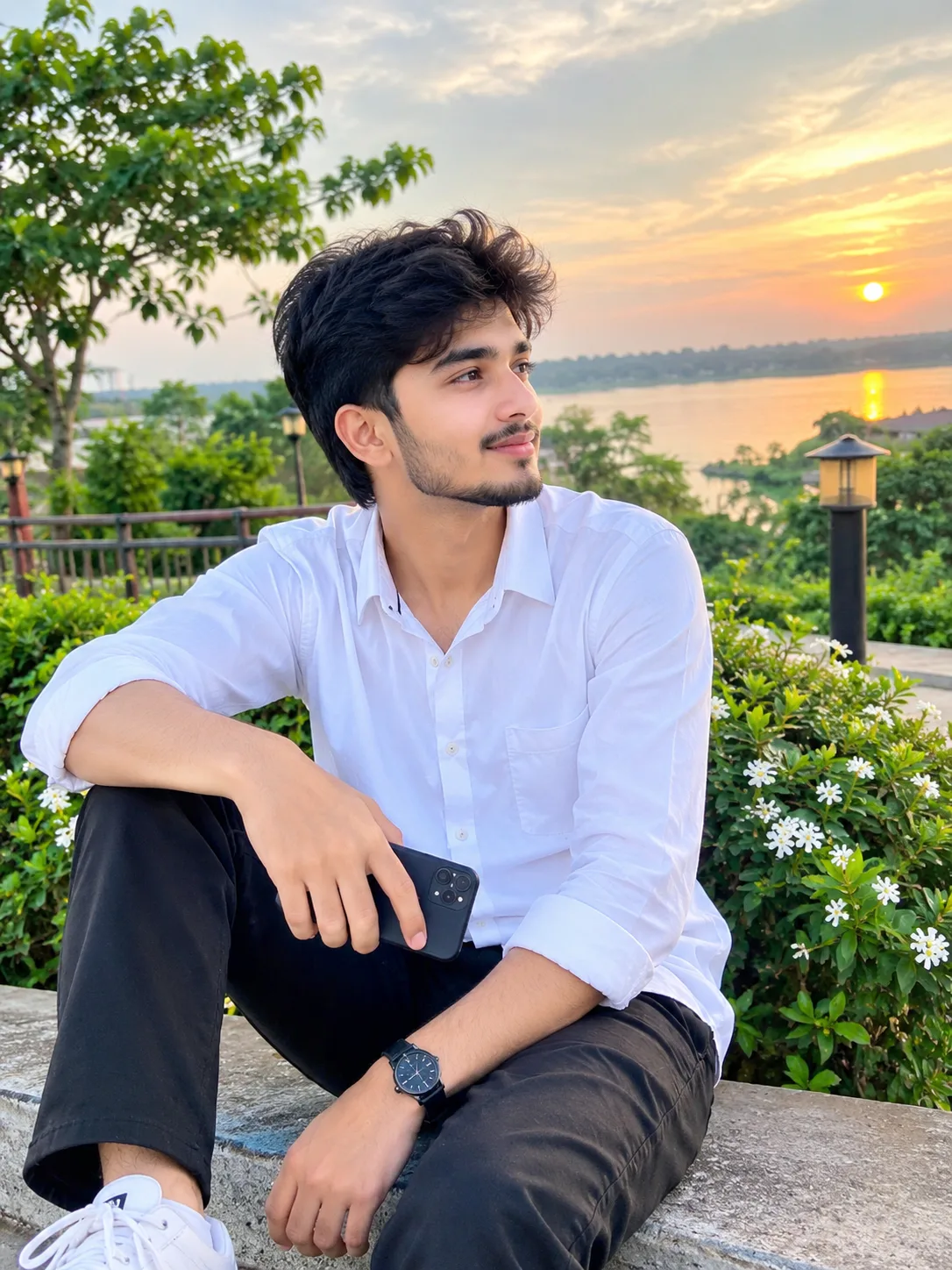 Ultra-realistic portrait of a young South Asian man sitting peacefully in a beautiful garden beside a calm lake at sunset, wearing a crisp
