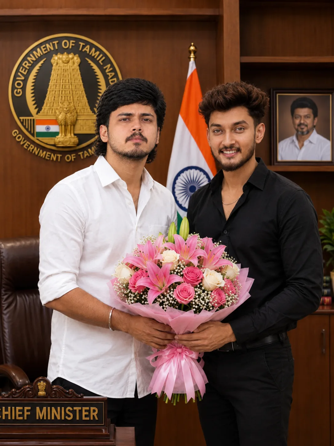 Ultra-photorealistic portrait of two young South Asian men standing together inside a prestigious government office, matching the reference
