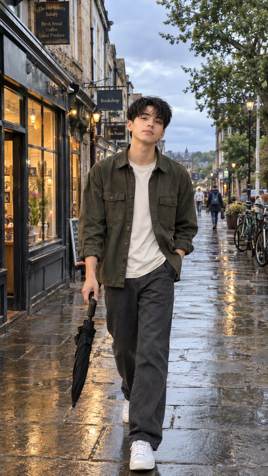 : Ultra realistic full body photograph of a young man walking casually through a quiet old-town street just after light rain, shot on a