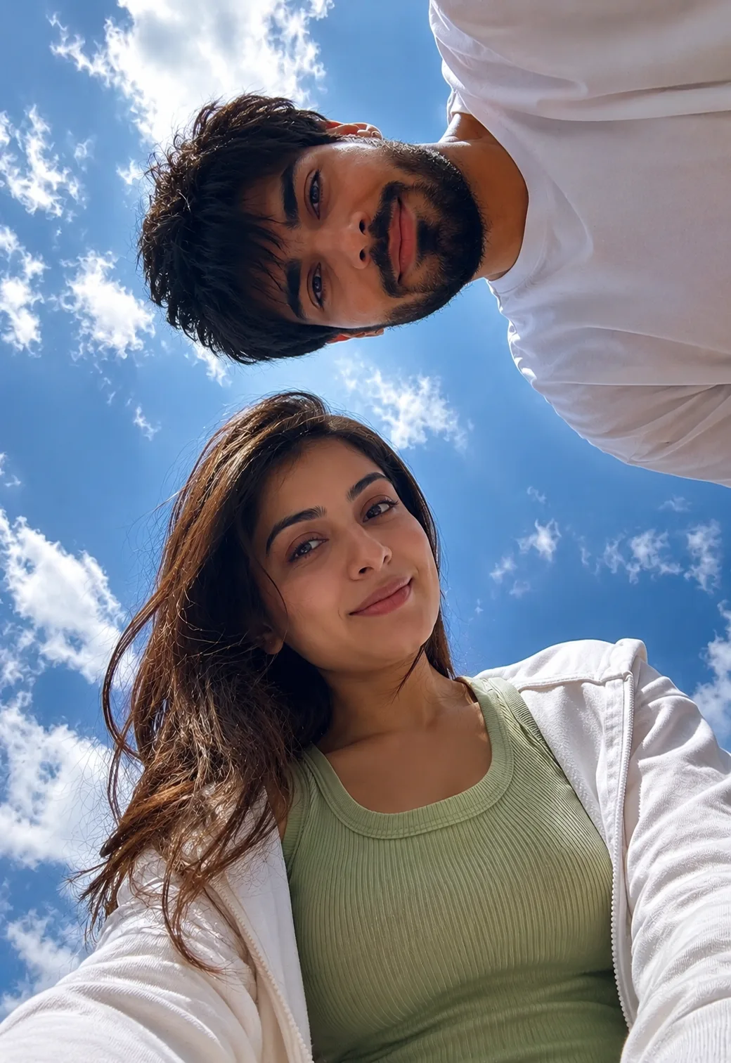 Ultra-realistic low-angle couple selfie, smartphone photography, captured from below with the camera placed on the ground pointing upward.