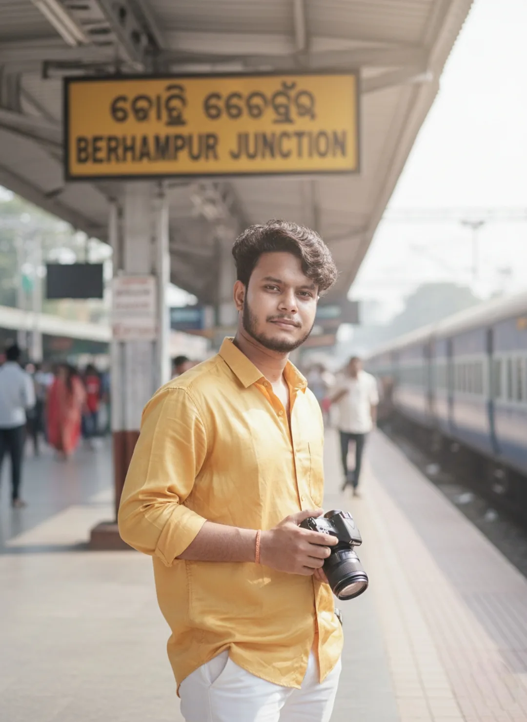 A realistic, high-detail portrait of a 26-year-old South Asian young man standing on a bustling railway station platform, holding a