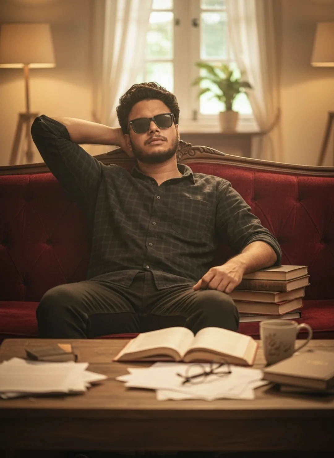 A young man with curly dark hair and a short beard, wearing black sunglasses and a dark plaid button-up shirt with rolled sleeves, sits