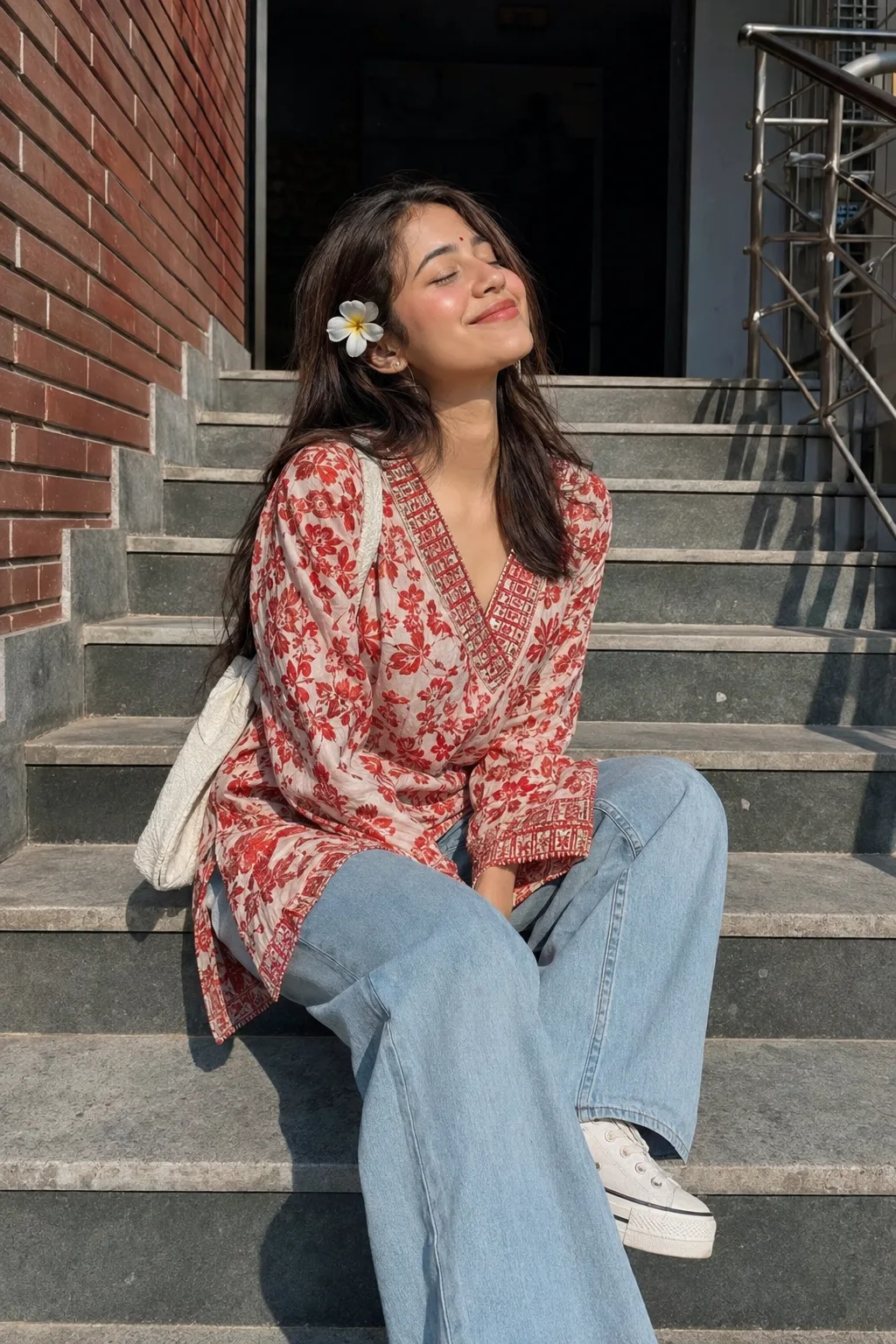 Create A hyper-realistic, cinematic portrait of a young woman sitting casually on wide grey stone stairs, smiling with eyes closed and face