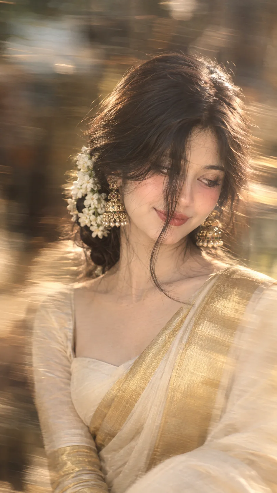 Without changing original face create an Intentional artistic motion-blur portrait, shot on a smartphone or long-exposure camera.