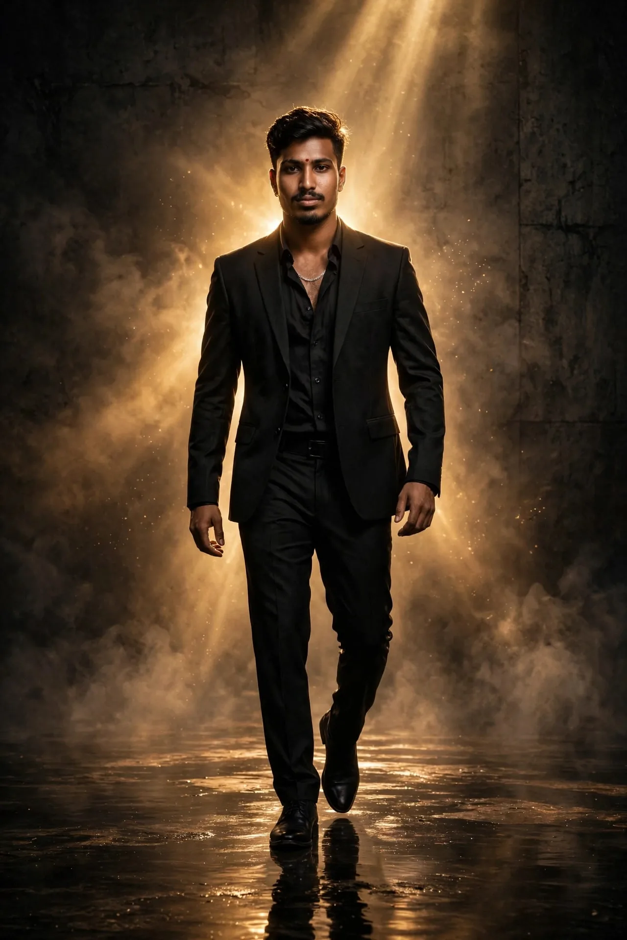 Modern Cinematic Suit Shot:* Gritty dark studio ನಲ್ಲಿ ಕಪ್ಪು ಸೂಟ್ ನಲ್ಲಿ ನಿಮ್ಮ stylish walk / power pose, ಹಿಂದೆ warm golden divine glow —