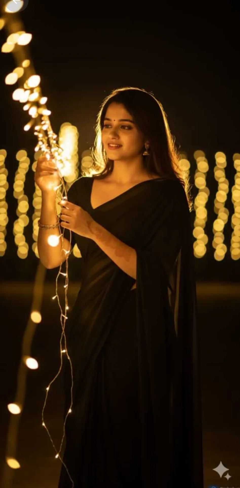 Ultra-realistic cinematic portrait of a young woman in a black saree, standing at night near glowing string lights.