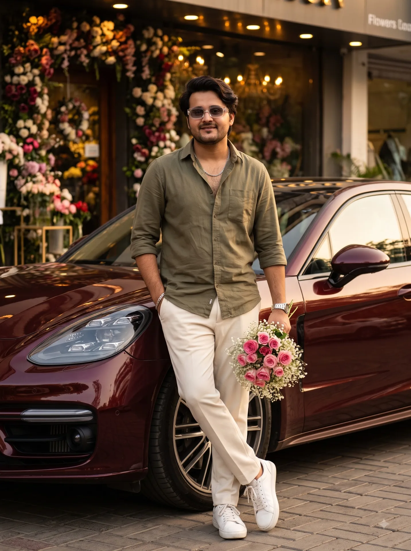 Create a “highly photorealistic cinematic Indian fashion lifestyle photograph” of a young South Asian/Indian man standing casually beside a