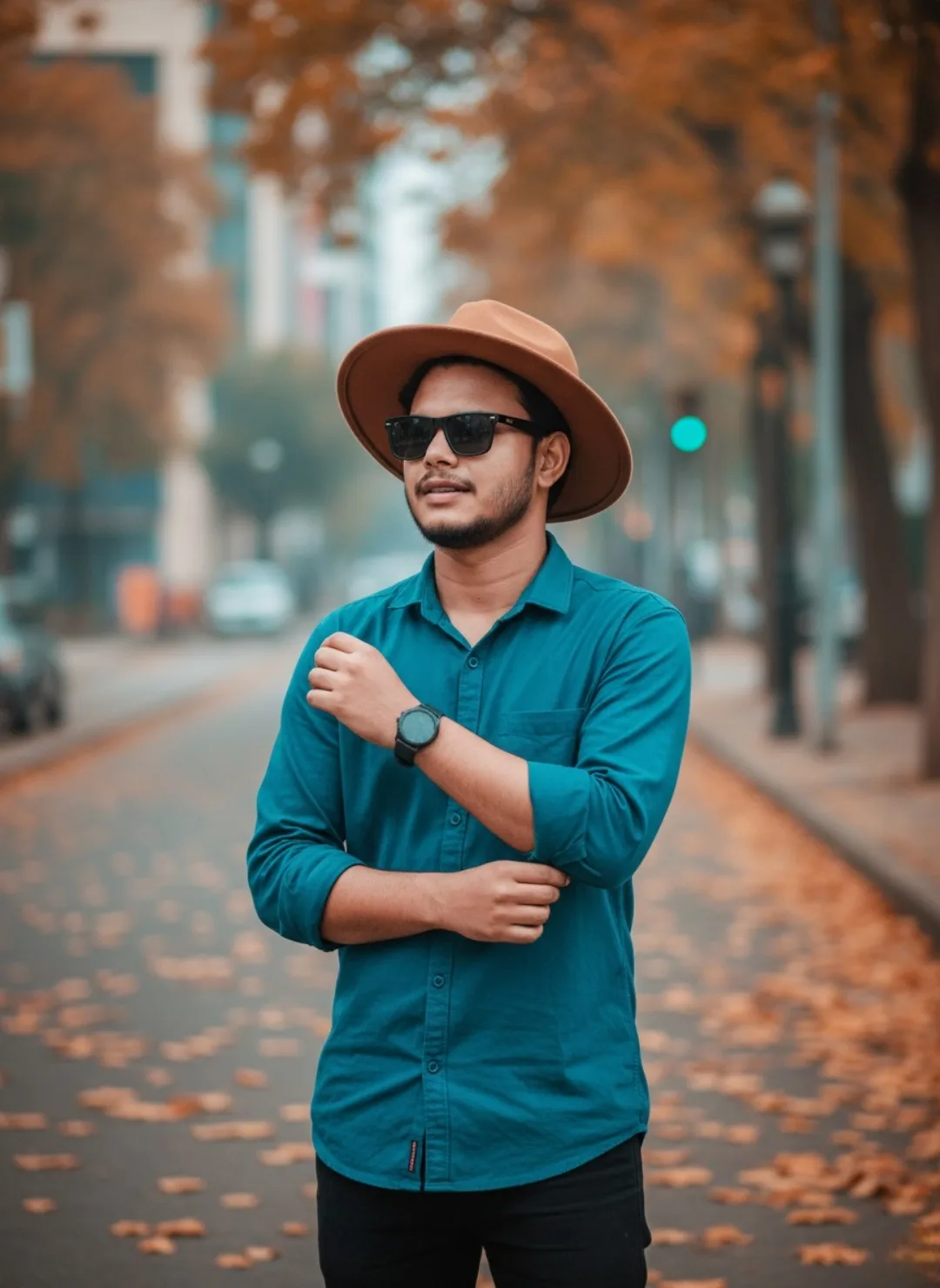 A stylish young man with short dark hair and a neat beard standing confidently on a city street covered in fallen orange and brown autumn
