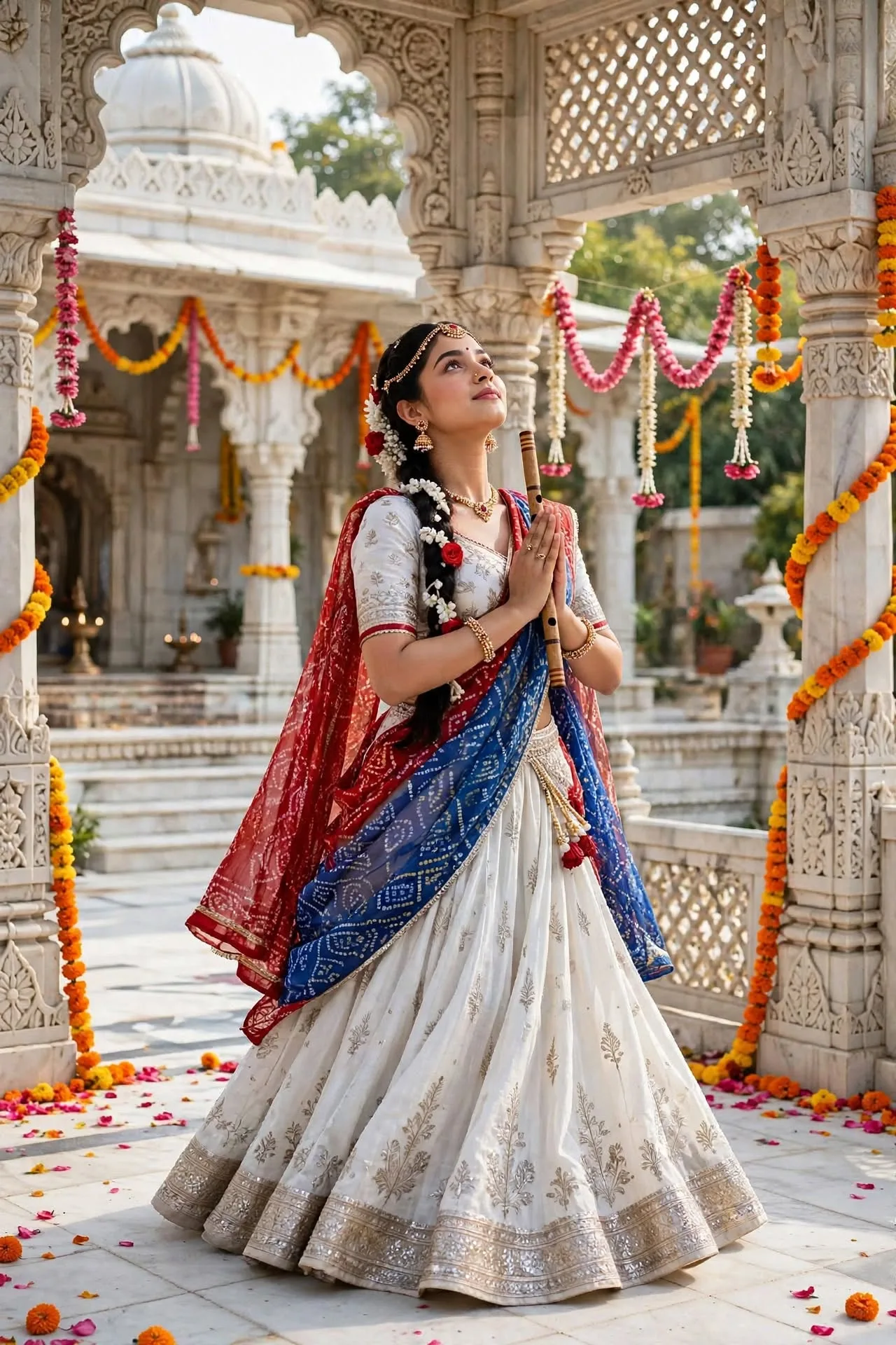 A beautiful young Indian woman with Alia Bhatt inspired face, wearing a white embroidered lehenga choli with red and blue bandhani dupatta,