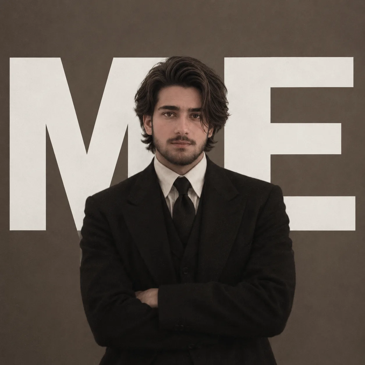 **Create a square 1:1 cinematic character poster based closely on the reference image.** A pale-skinned young man with short, slightly