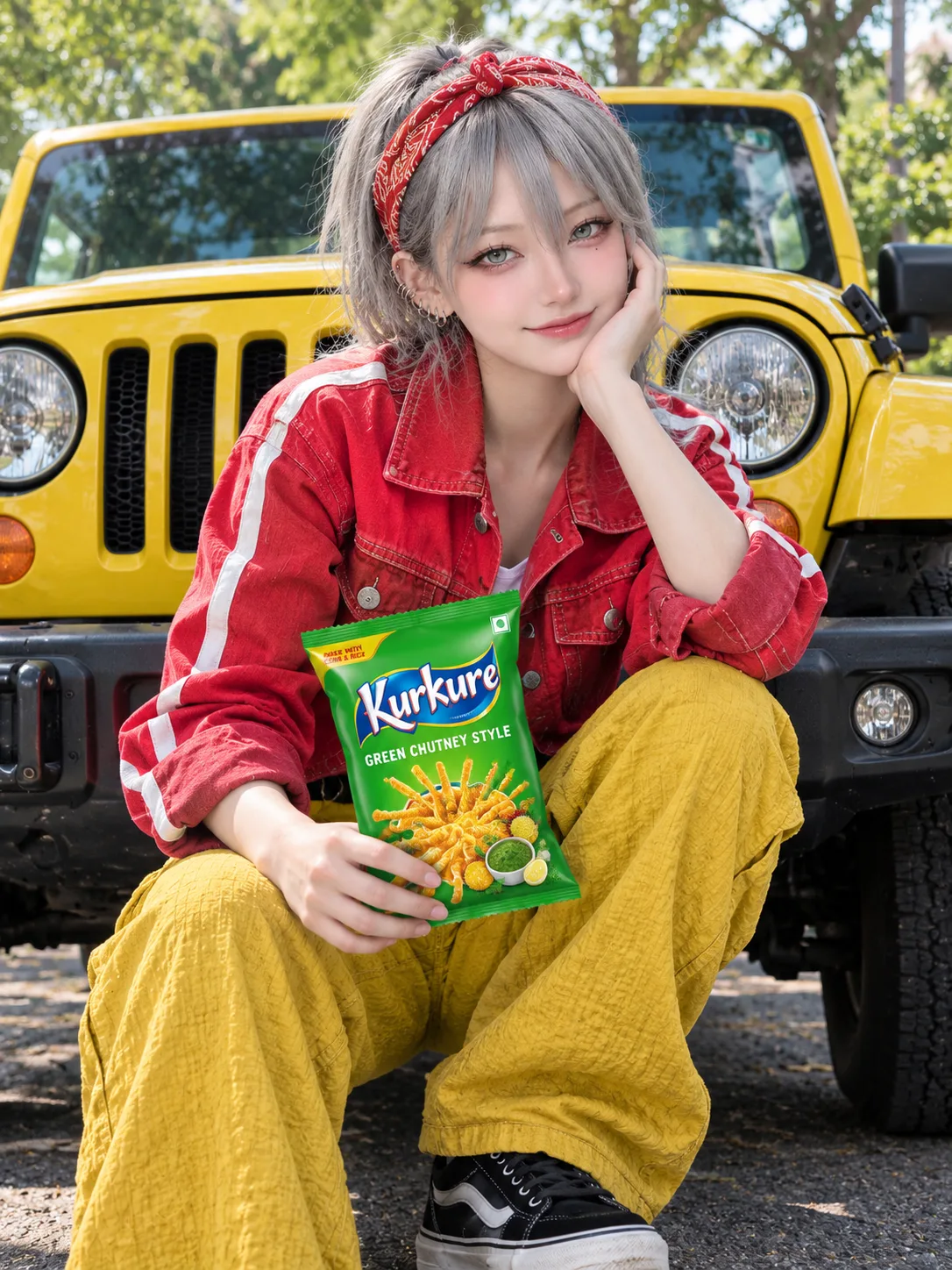 Glooomyboy Ultra photorealistic lifestyle commercial photography of a cheerful young woman sitting casually on the front bumper of a bright