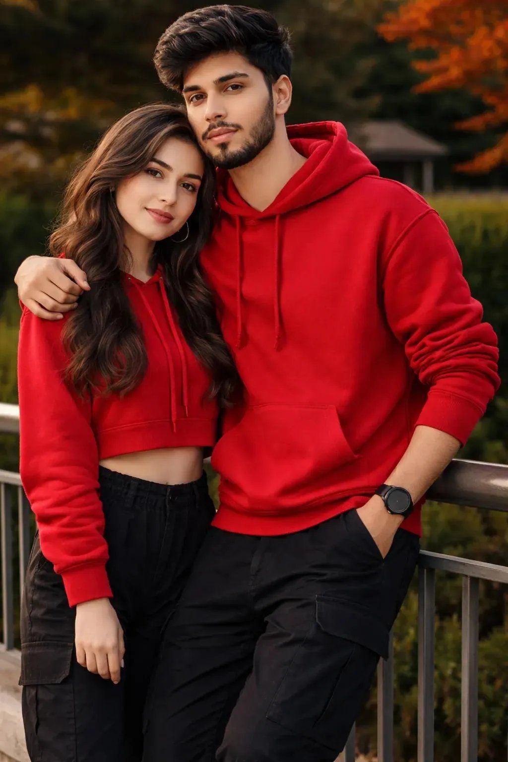 Create with a girl age 20 couple pic and dark her stylish young 21 year old boy wearing red hoodie and black colored cargo pants.