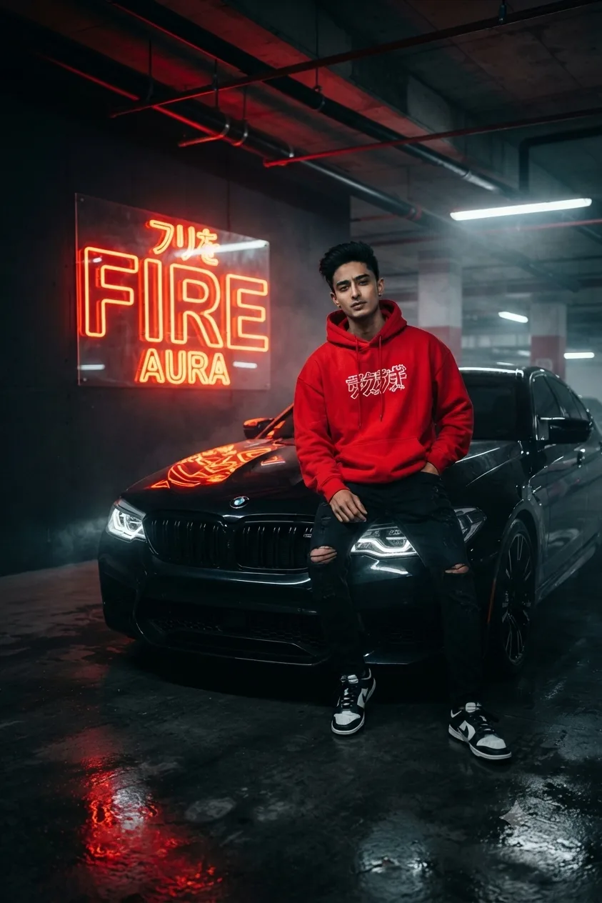 Here’s a ready-to-copy prompt matching the photo: > **Ultra-realistic cinematic night photograph of a young man sitting casually on the