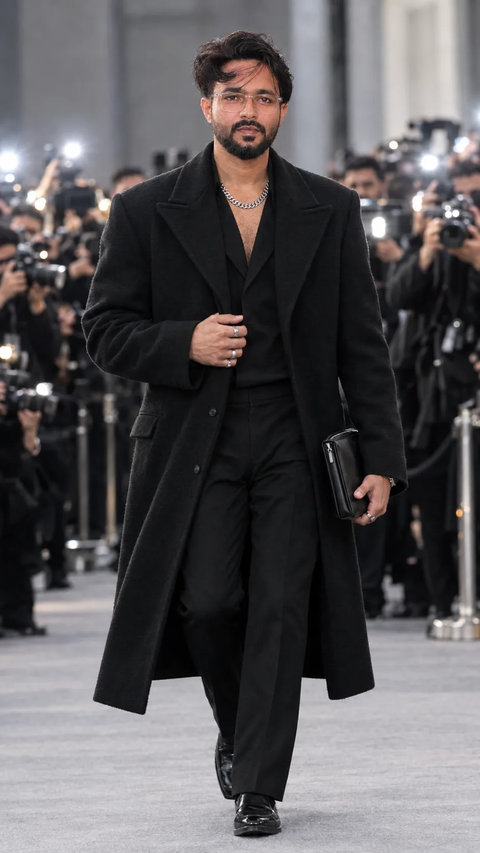 Create an ultra-realistic, premium cinematic full-body fashion photograph of a stylish young Indian man walking confidently through a