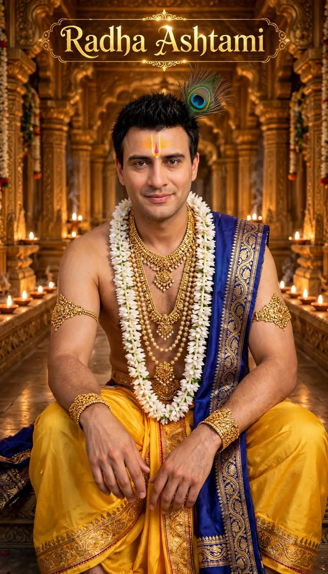 A devotional portrait of a young Indian man, same face 100% identical, wearing Krishna costume: - Yellow pitambar dhoti with golden zari