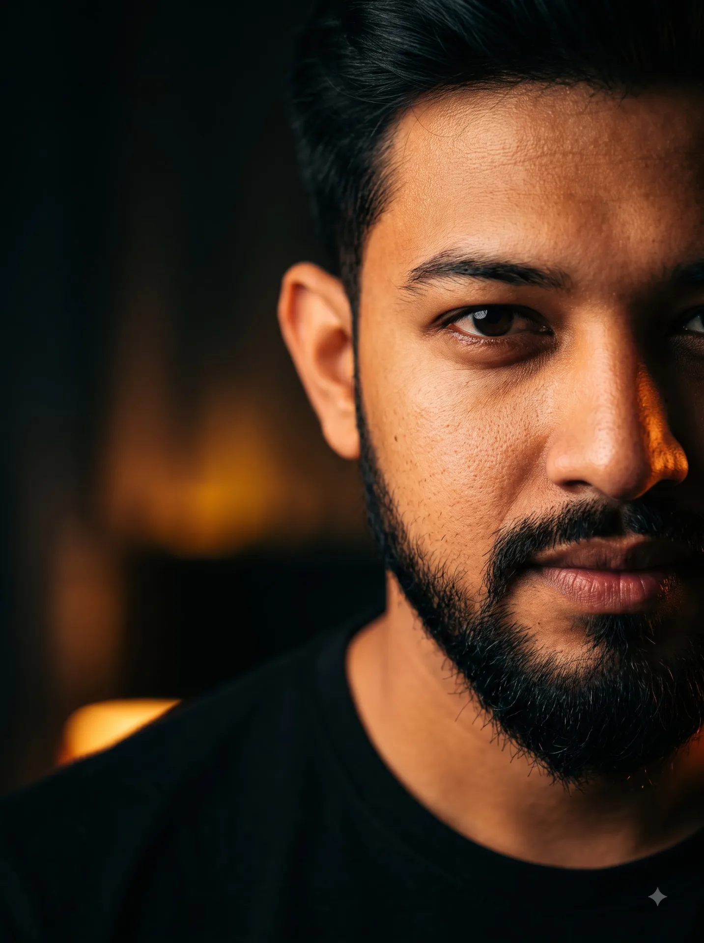 Ultra realistic cinematic portrait of a young man, half face visible, dramatic split lighting, warm orange and golden tones, dark moody