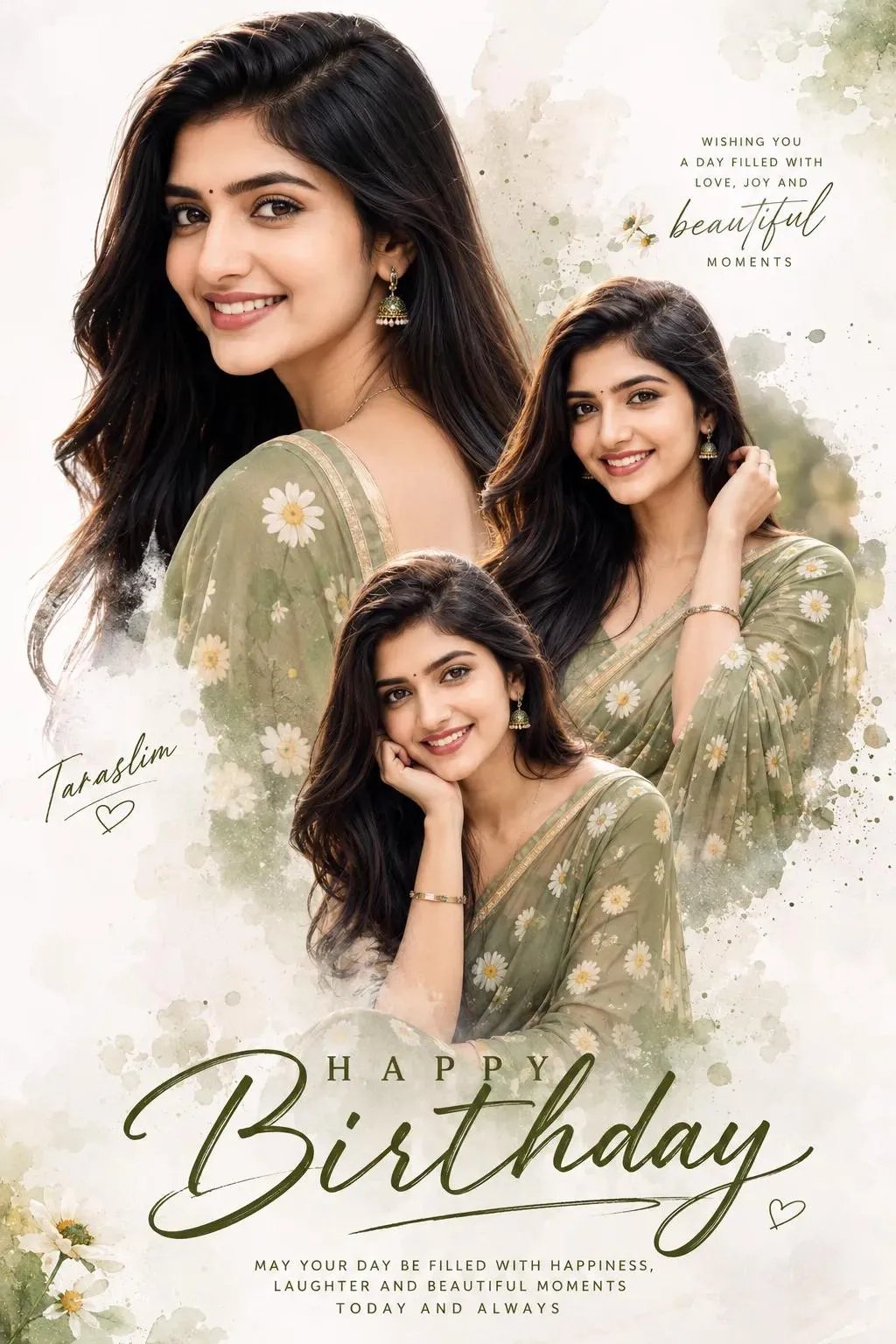 Ultra-realistic birthday collage poster, beautiful Indian girl in green daisy saree, triple portrait composition, white watercolor splash