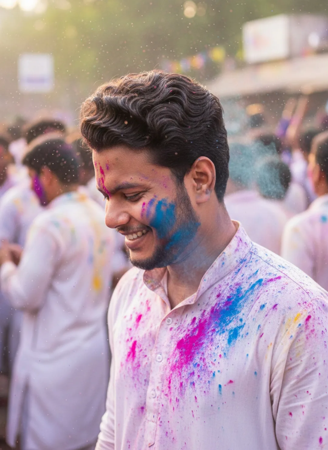 A photorealistic and cinematic mid-shot portrait of a 26-year-old Indian man with curly hair and neatly trimmed short beard and mustache,