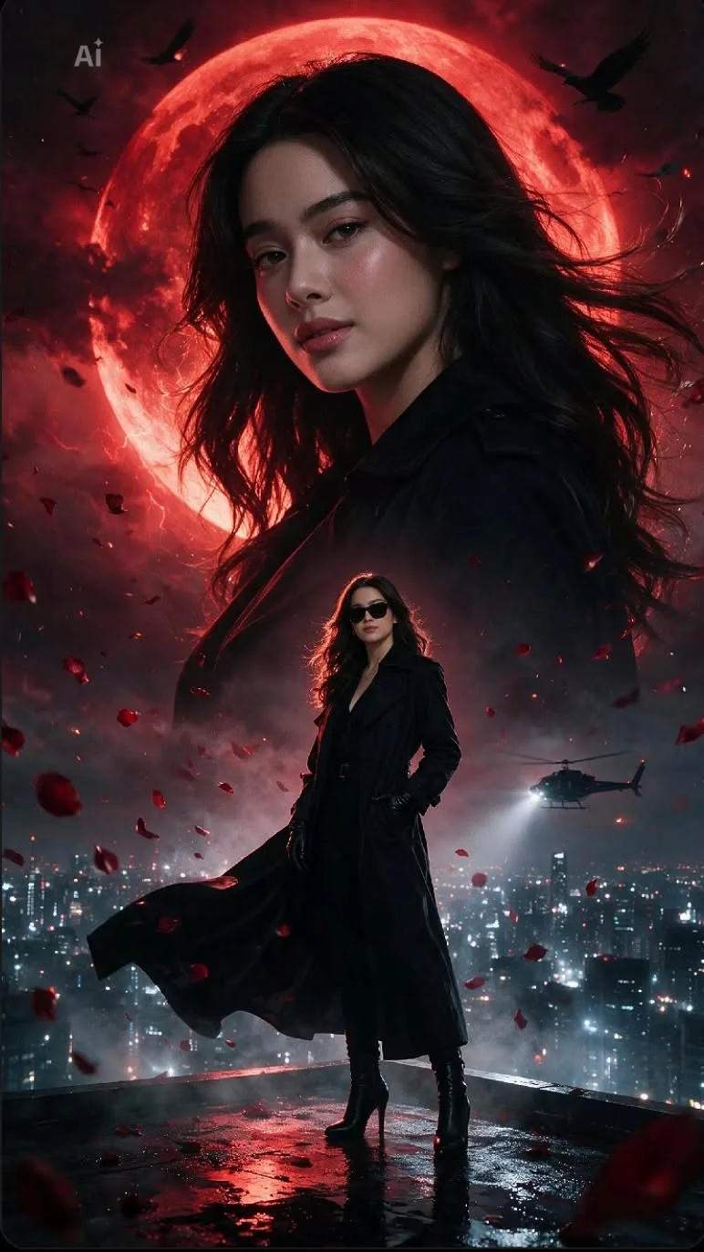 A dark fantasy action movie poster in a double exposure style.