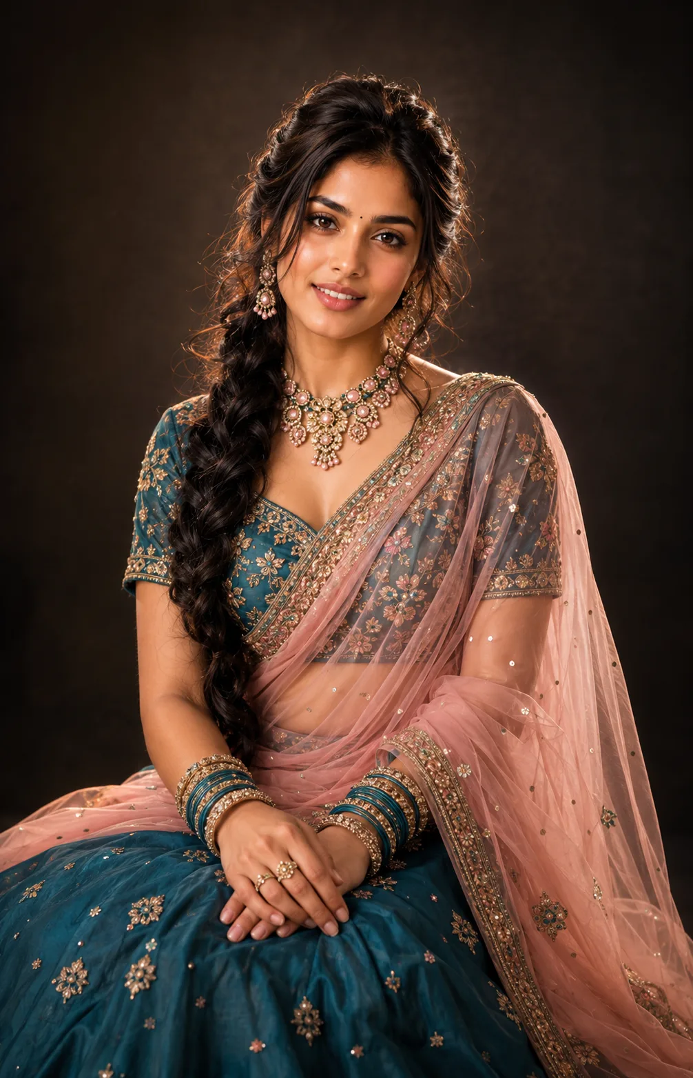 Create an ultra-realistic, premium cinematic portrait of a beautiful young South Asian woman sitting gracefully and facing the camera.