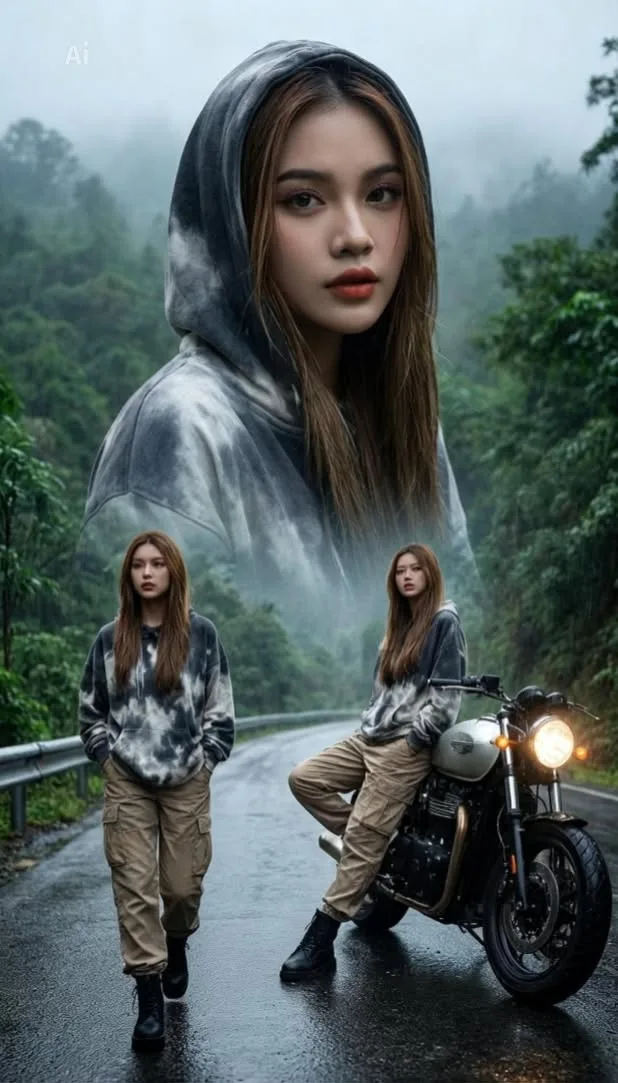 A full-body shot of a young East Asian woman with long brown hair posing on a wet mountain road next to a classic silver motorcycle with