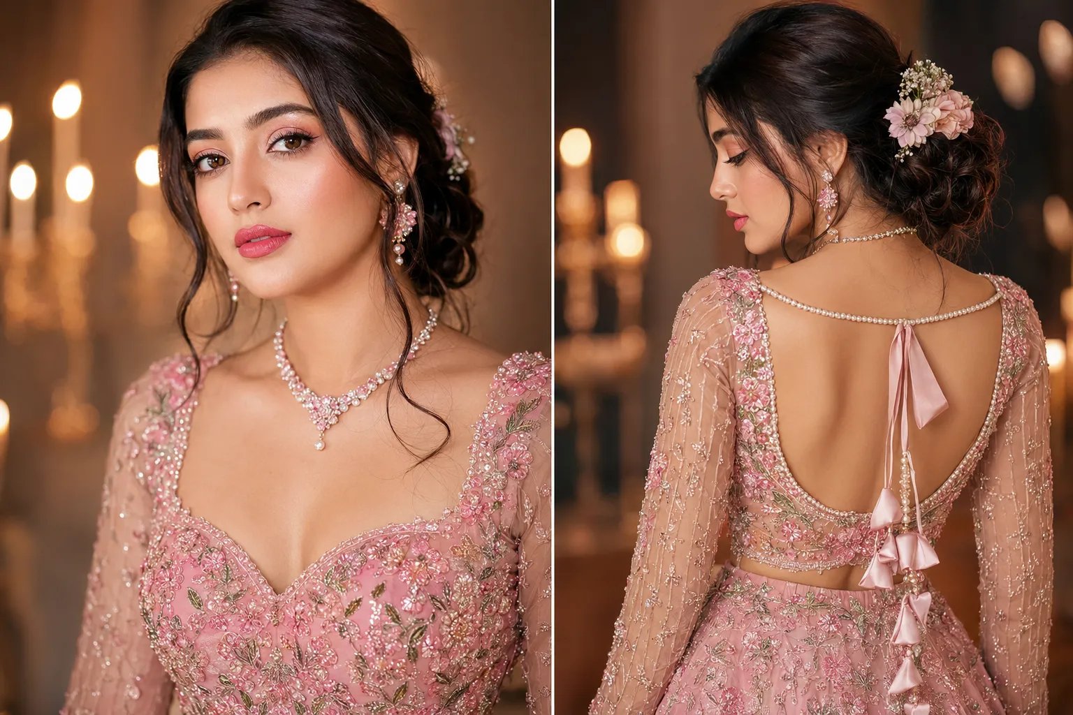 Make Beautiful young South Asian woman, fair glowing skin, soft pink makeup, long black hair in an elegant low bun, wearing a blush-pink