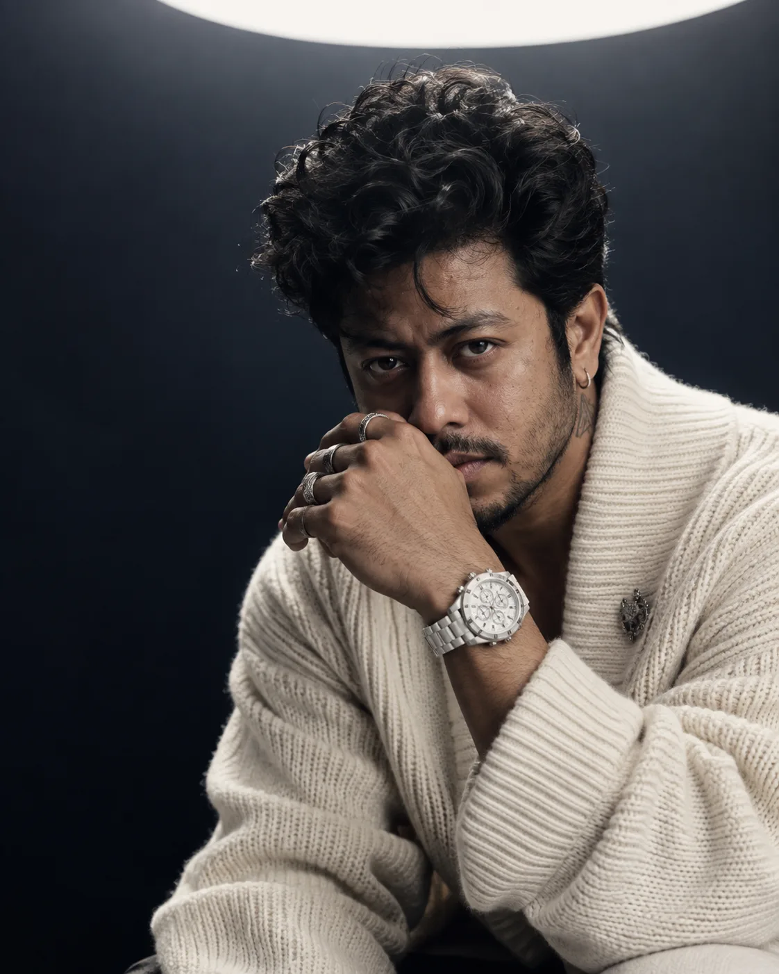 Create an ultra-realistic cinematic luxury fashion editorial portrait of a handsome South Indian man in his late thirties, photographed in